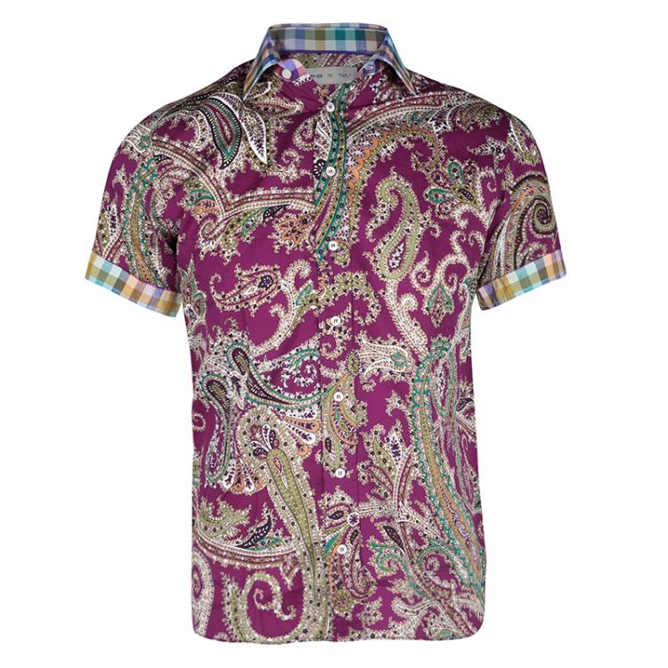 Pre Owned Etro Multicolor Paisley Printed Cotton Contrast Checked Trim Short Sleeve Shirt S