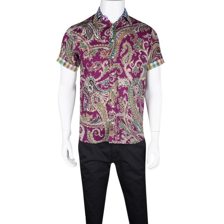 Pre Owned Etro Multicolor Paisley Printed Cotton Contrast Checked Trim Short Sleeve Shirt S