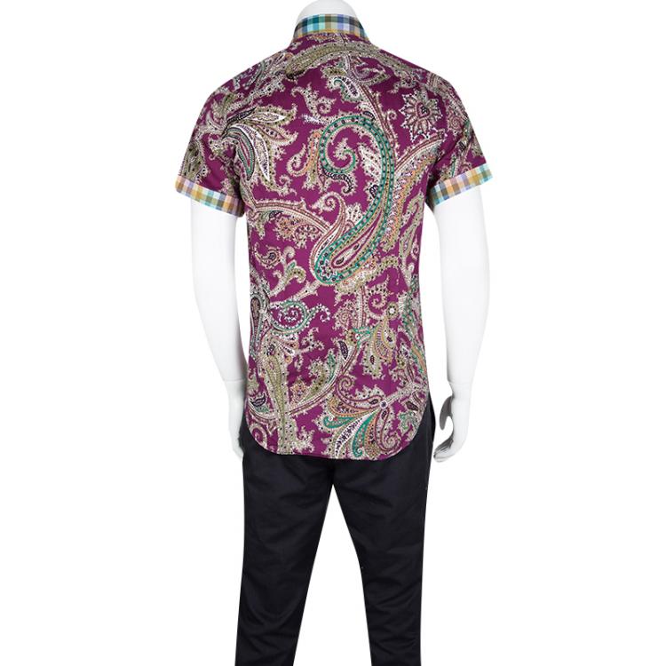 Pre Owned Etro Multicolor Paisley Printed Cotton Contrast Checked Trim Short Sleeve Shirt S