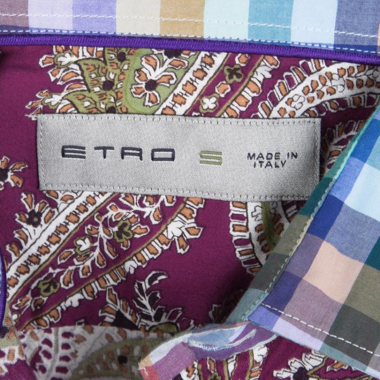 Pre Owned Etro Multicolor Paisley Printed Cotton Contrast Checked Trim Short Sleeve Shirt S
