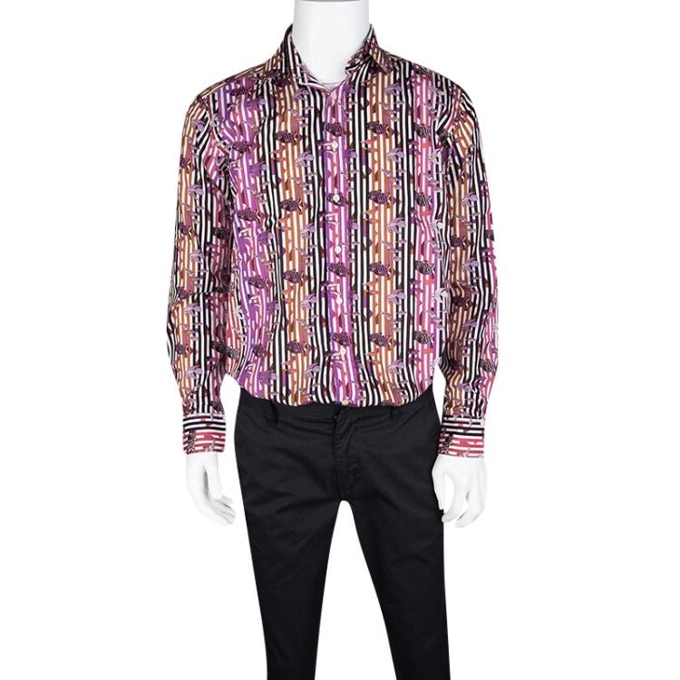 Pre Owned Etro Multicolor Fish and Stripe Printed Cotton Long Sleeve Button Front Shirt L
