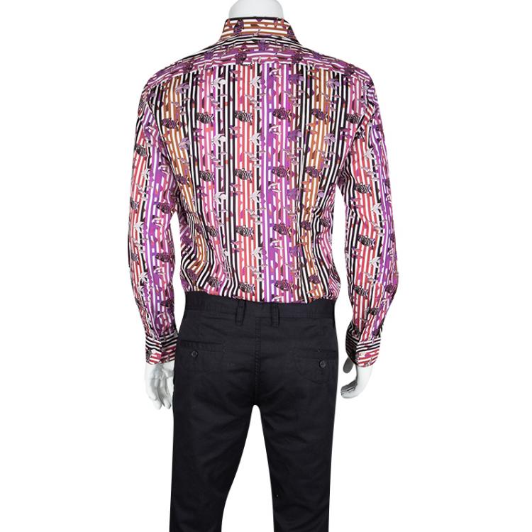 Pre Owned Etro Multicolor Fish and Stripe Printed Cotton Long Sleeve Button Front Shirt L