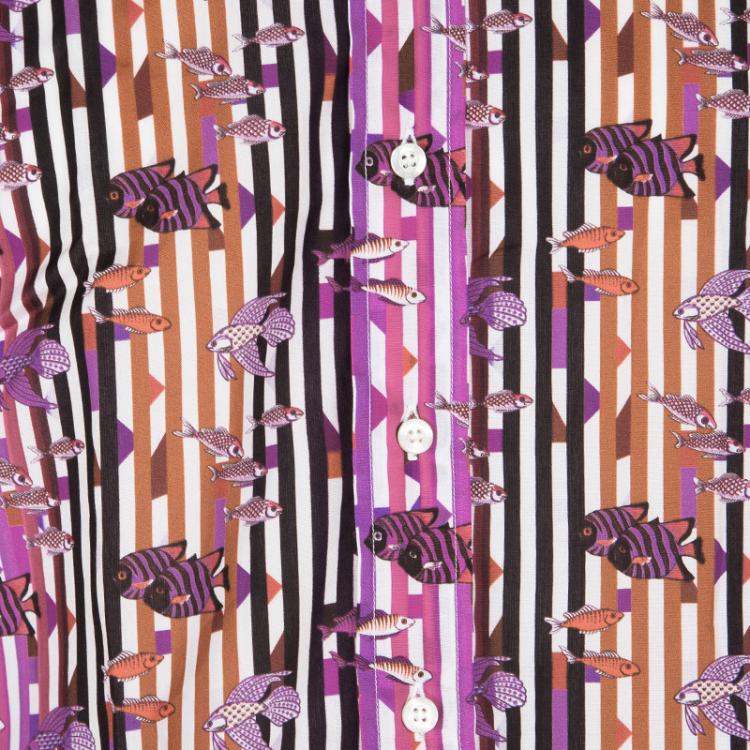 Pre Owned Etro Multicolor Fish and Stripe Printed Cotton Long Sleeve Button Front Shirt L
