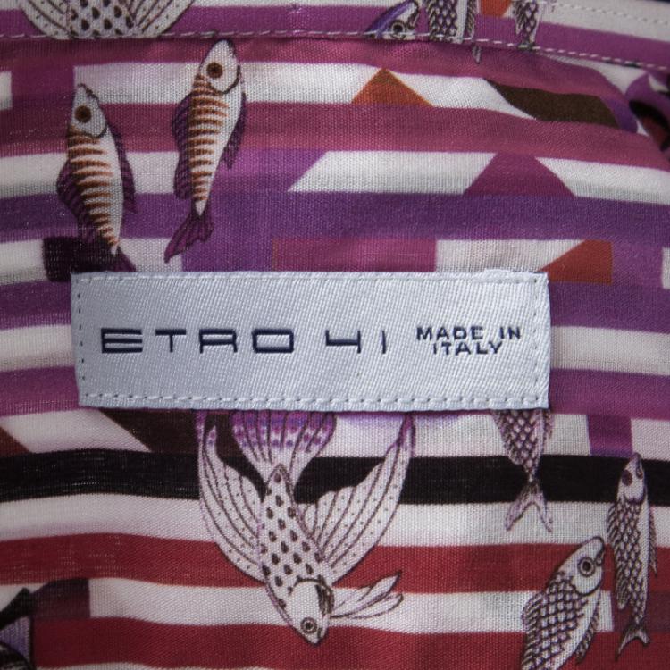 Pre Owned Etro Multicolor Fish and Stripe Printed Cotton Long Sleeve Button Front Shirt L