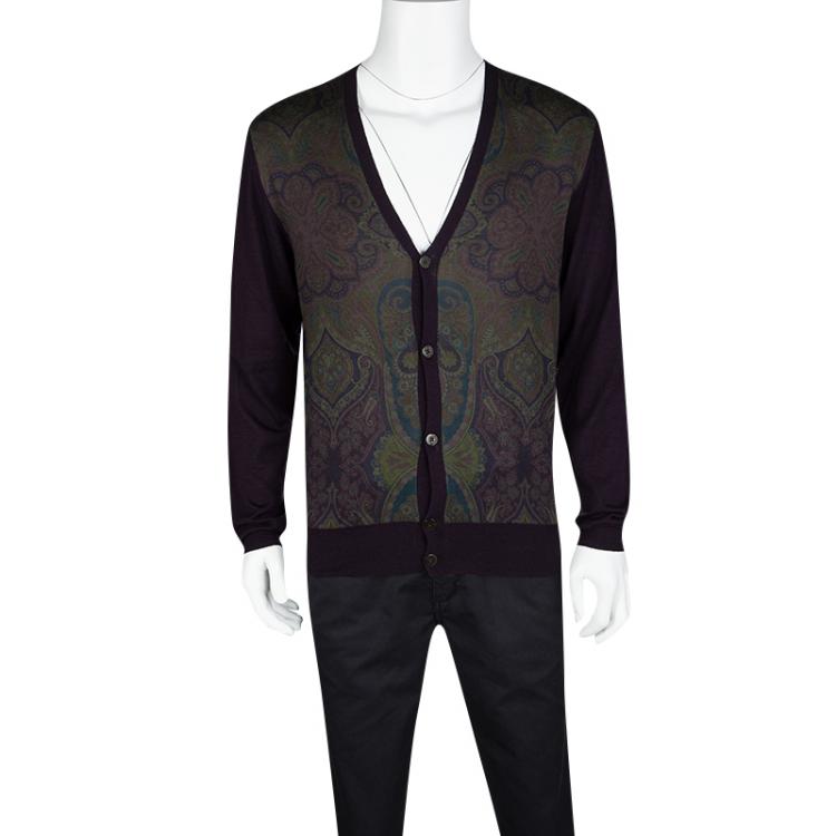 Pre Owned Etro Purple Paisley Printed Wool Silk Button Front Cardigan XL