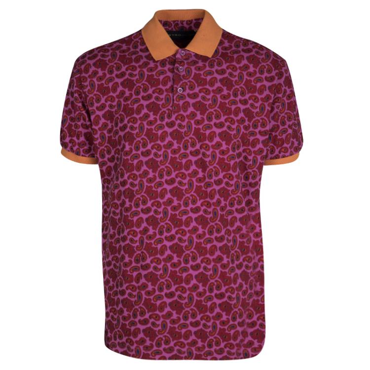 Pre Owned Etro Pink Paisley Print Contrast Collar and Cuff Detail Polo T-Shirt XXL