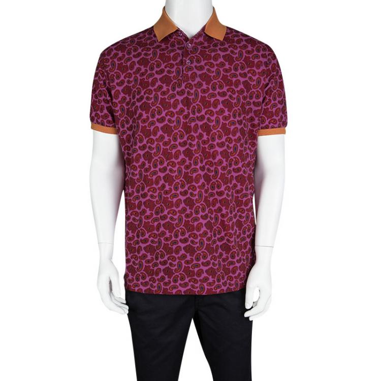Pre Owned Etro Pink Paisley Print Contrast Collar and Cuff Detail Polo T-Shirt XXL
