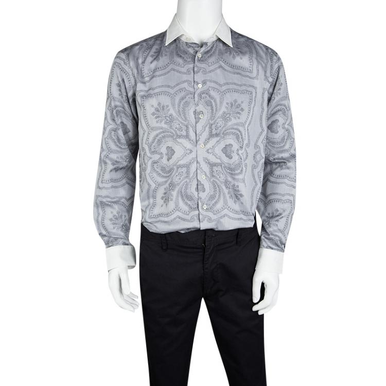Pre Owned Etro Grey Printed Contrast Collar and Cuff Detail Long Sleeve Shirt  L