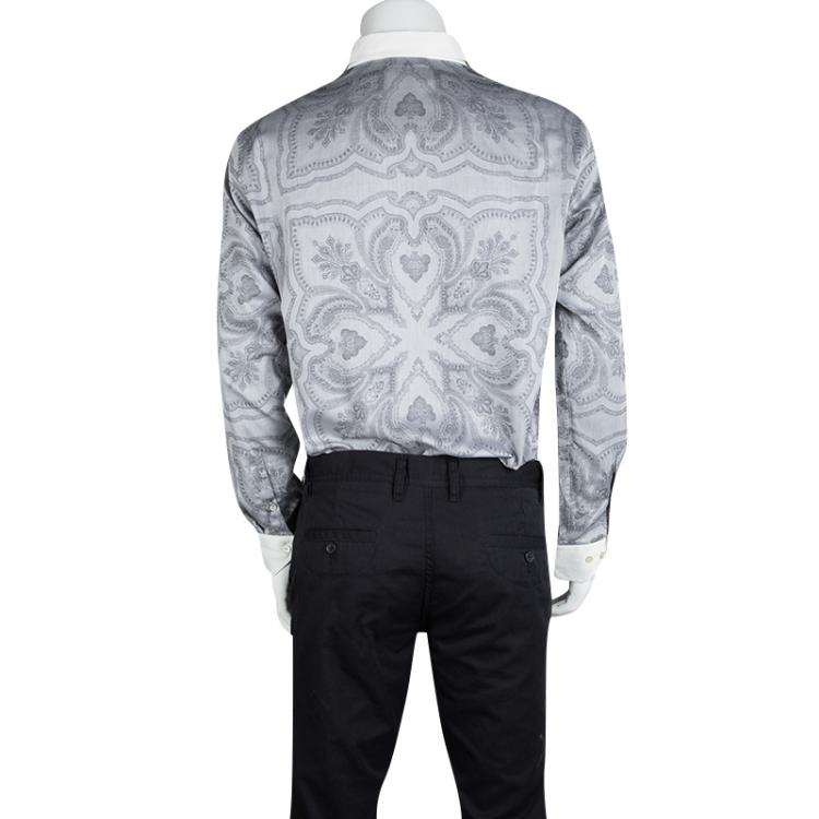 Pre Owned Etro Grey Printed Contrast Collar and Cuff Detail Long Sleeve Shirt  L