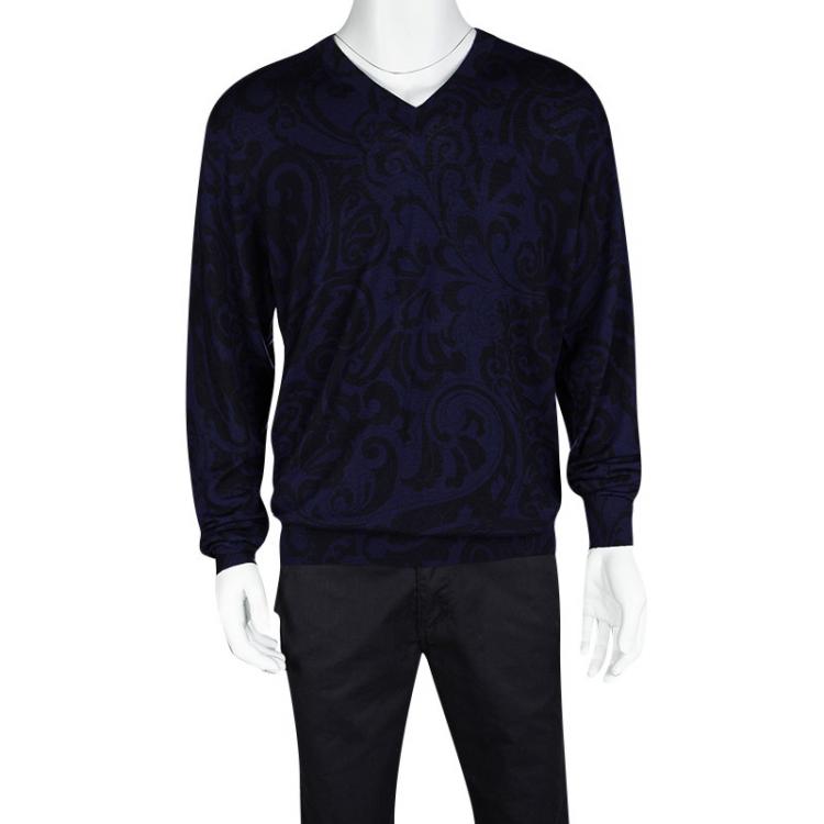 Pre Owned Etro Navy Blue Contrast Print V-Neck Sweater XXL