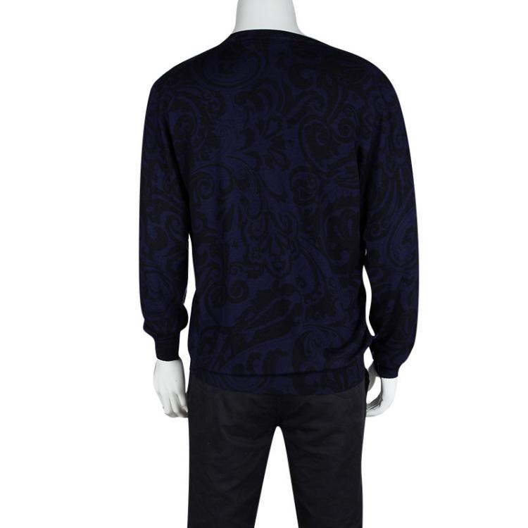 Pre Owned Etro Navy Blue Contrast Print V-Neck Sweater XXL