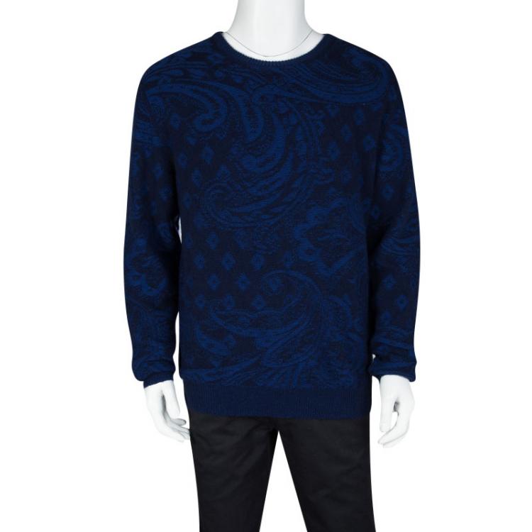 Pre Owned Etro Blue Paisley Pattern Cashmere and Cotton Blend Sweater L