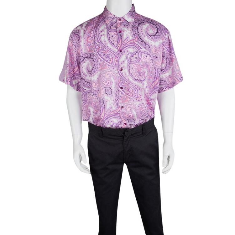 Pre Owned Etro Purple Paisley Printed Cotton Short Sleeve Button Front Shirt 2XL