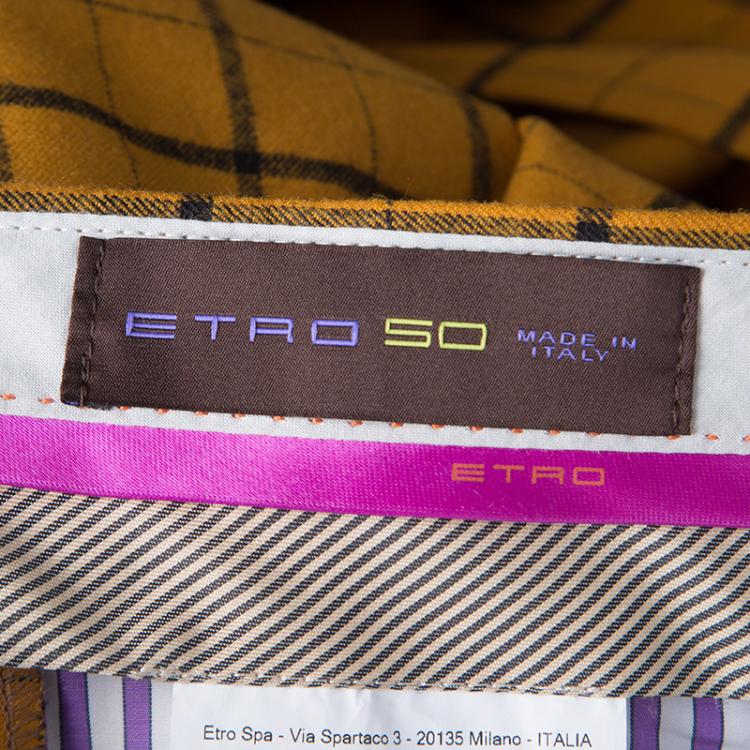 Pre Owned Etro Mustard Checked Wool Panama Slim Fit Trousers M