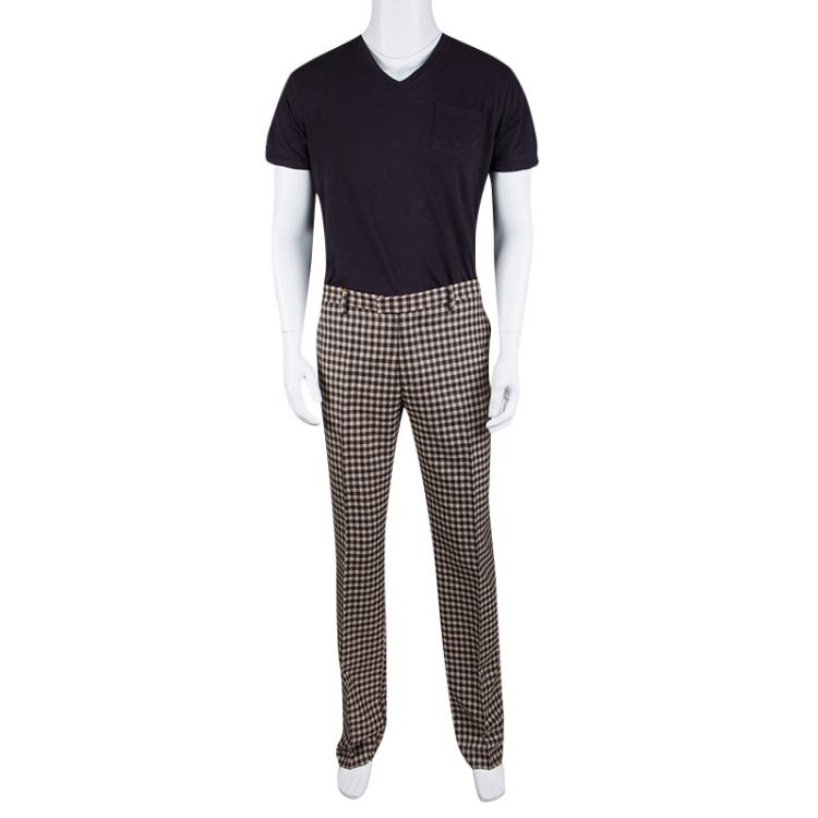 Pre Owned Etro Beige and Brown Wool Gingham Plaid Regular Fit Mexico Trousers L