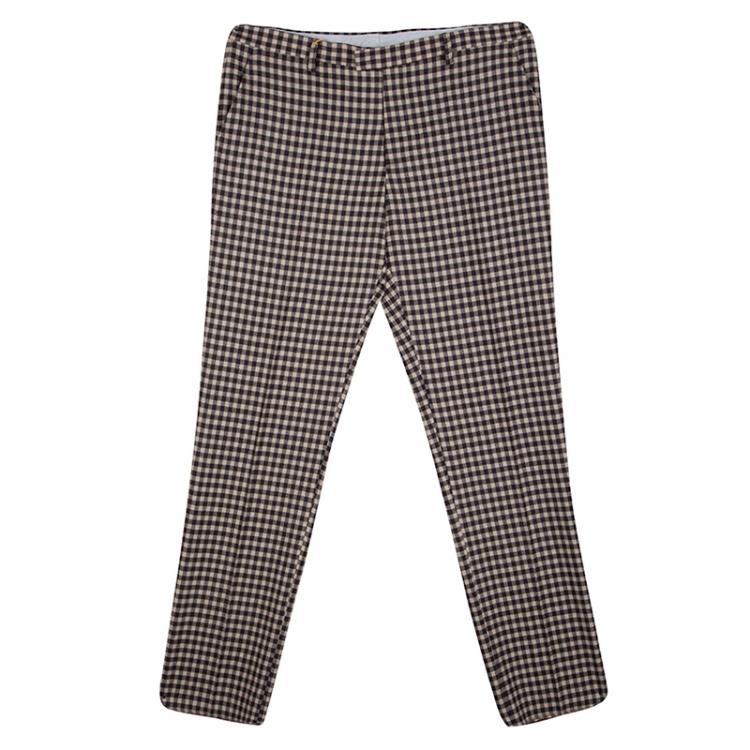 Pre Owned Etro Beige and Brown Wool Gingham Plaid Regular Fit Mexico Trousers L