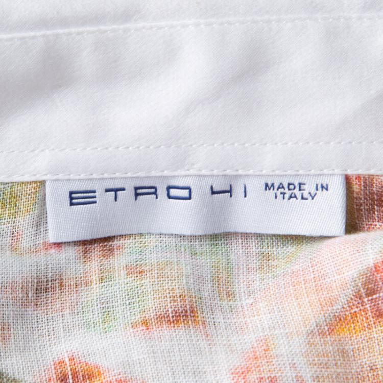 Pre Owned Etro Multicolor Floral Printed Linen Contrast Collar and Cuff Detail Merlino Shirt L