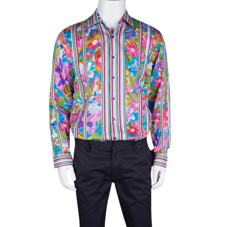 Pre Owned Etro Floral Printed Striped Detail Cotton Long Sleeve Button Front Roxy Shirt L