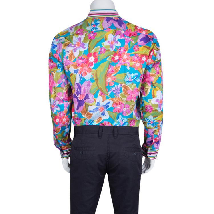 Pre Owned Etro Floral Printed Striped Detail Cotton Long Sleeve Button Front Roxy Shirt L