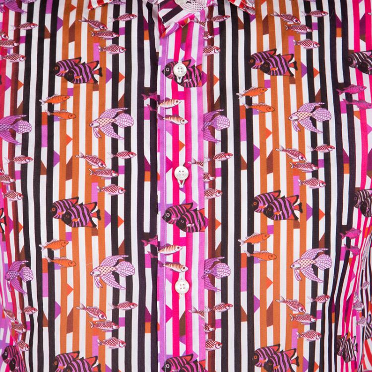 Pre Owned Etro Multicolor Fish Print Striped Cotton Long Sleeve Button Front Shirt S