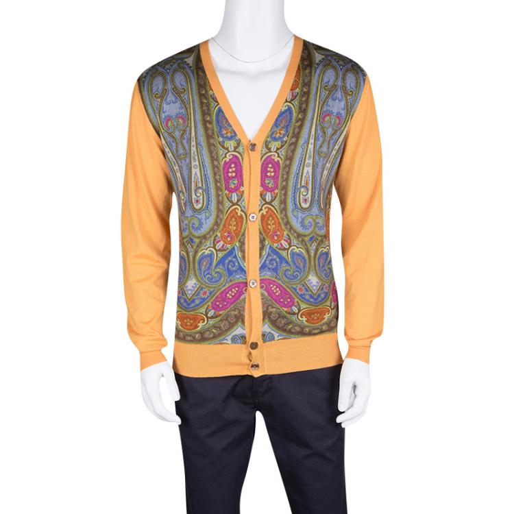 Pre Owned Etro Orange Paisley Printed Button Front Cardigan L