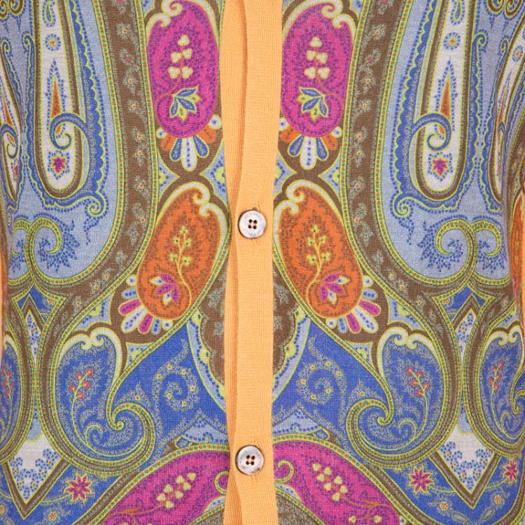 Pre Owned Etro Orange Paisley Printed Button Front Cardigan L