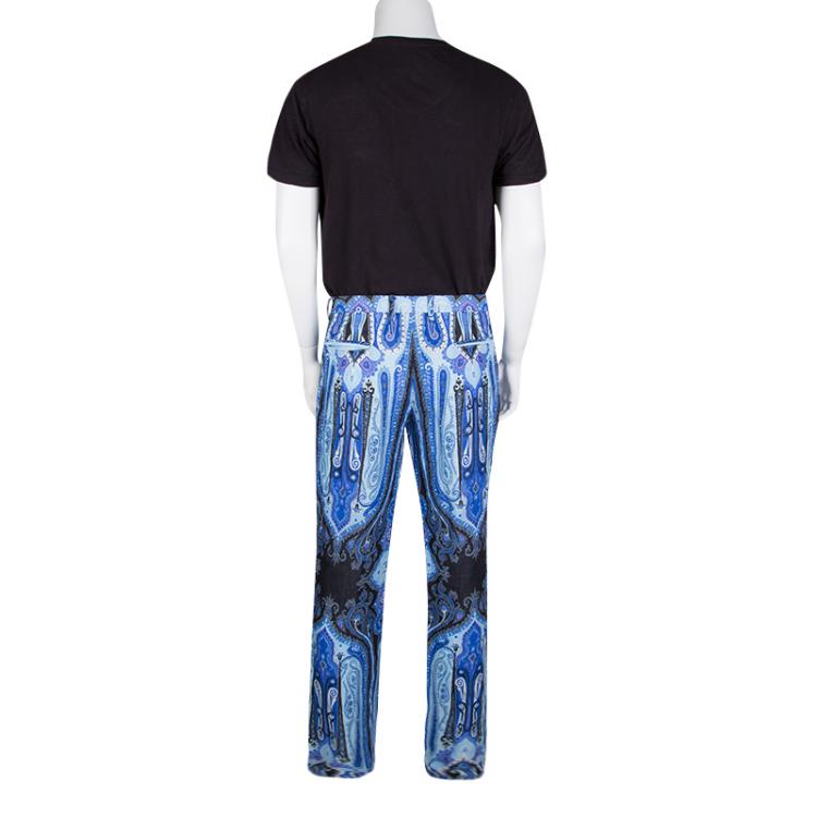 Pre Owned Etro Blue Mexico Print Linen Trousers L