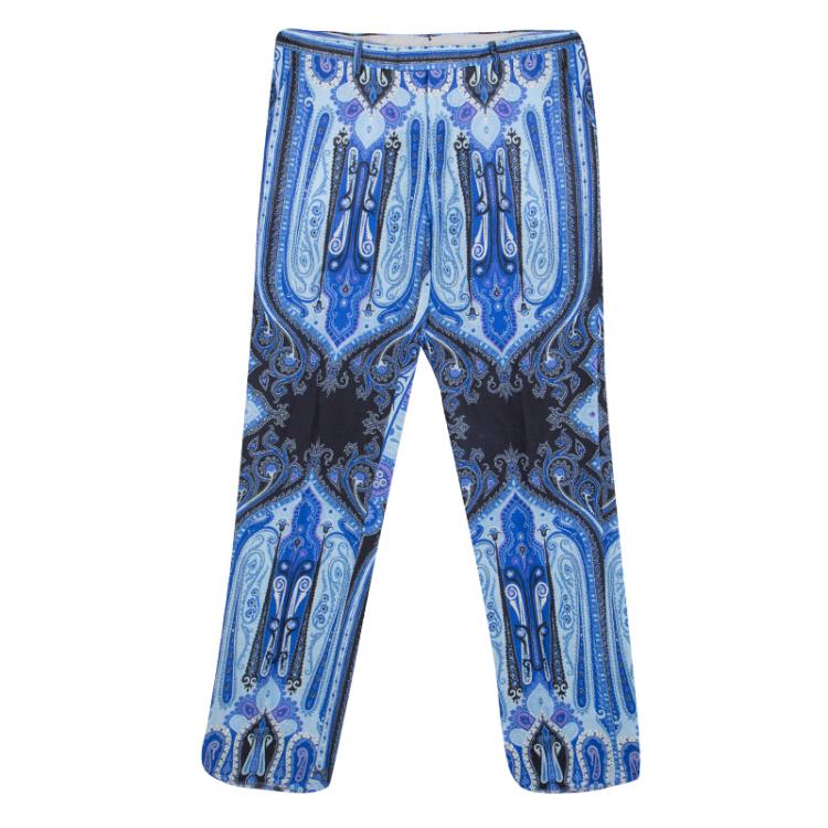 Pre Owned Etro Blue Mexico Print Linen Trousers L