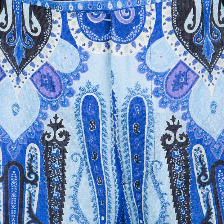 Pre Owned Etro Blue Mexico Print Linen Trousers L