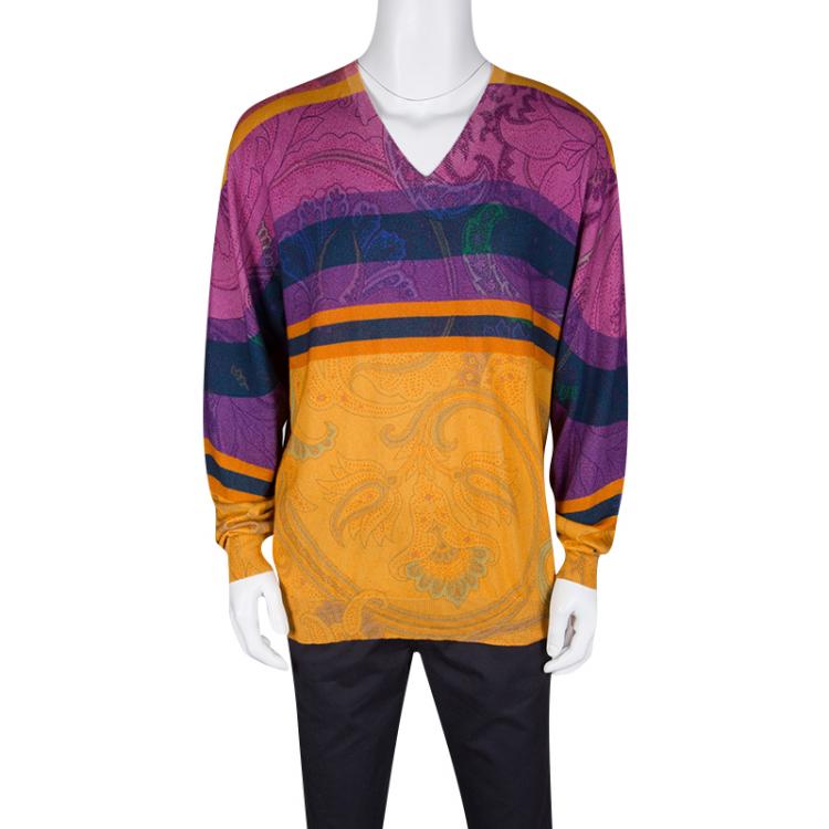 Pre Owned Etro Multicolor Printed and Striped V-Neck Cotton Sweater XXL
