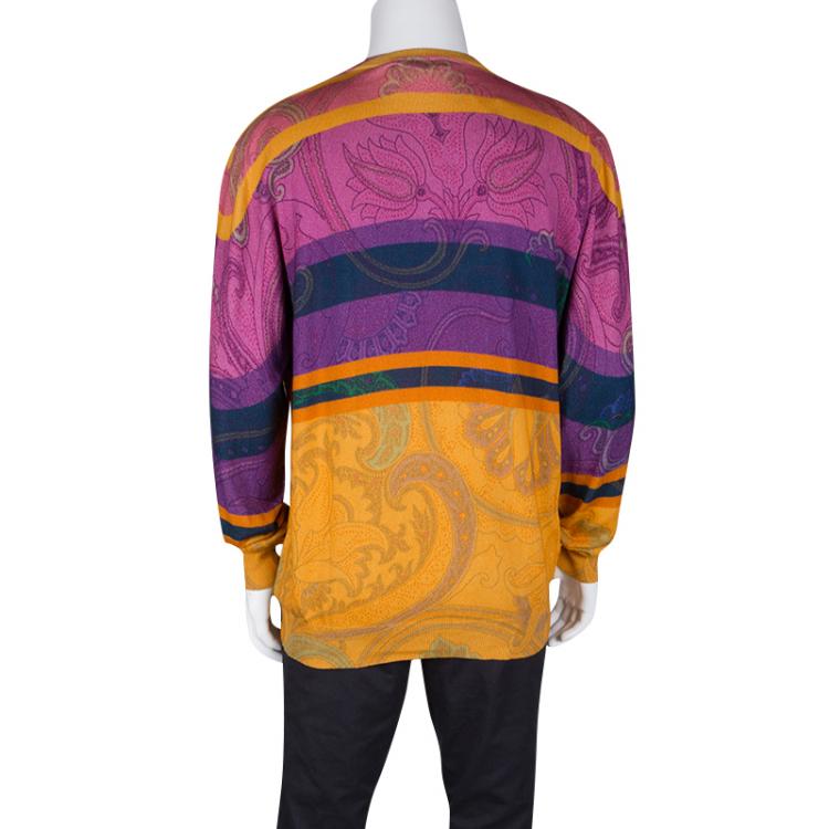 Pre Owned Etro Multicolor Printed and Striped V-Neck Cotton Sweater XXL