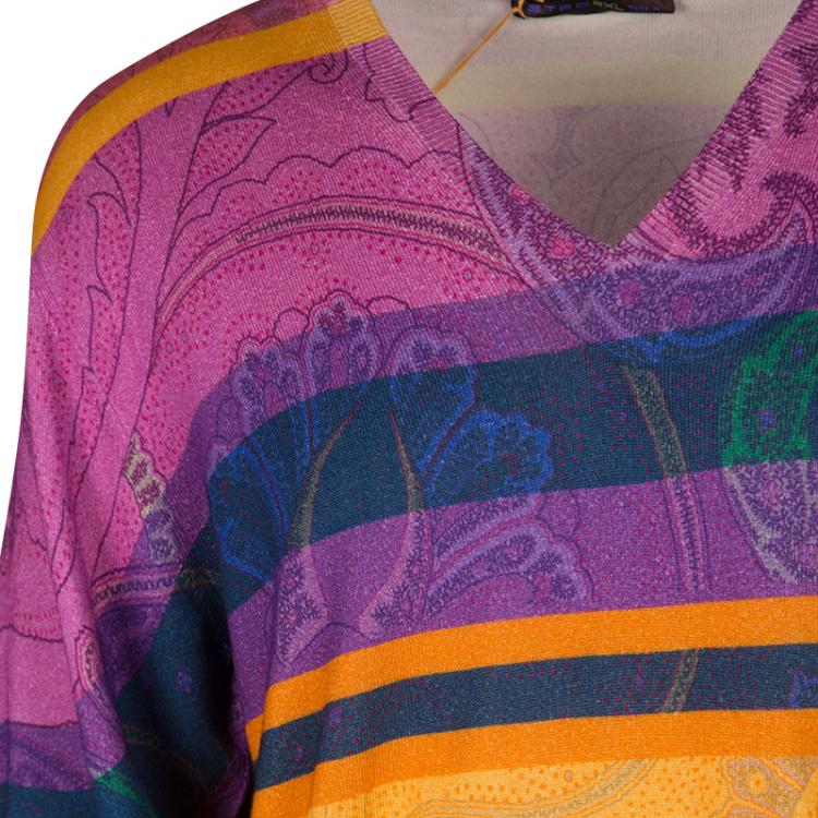Pre Owned Etro Multicolor Printed and Striped V-Neck Cotton Sweater XXL