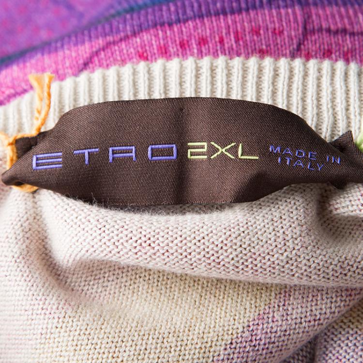 Pre Owned Etro Multicolor Printed and Striped V-Neck Cotton Sweater XXL