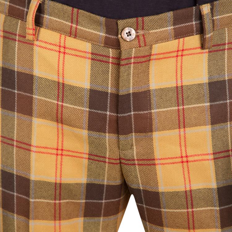مملوكة مسبقًا Etro Tan Brown Plaid Checked Wool Cuba Slim Fit Trousers M