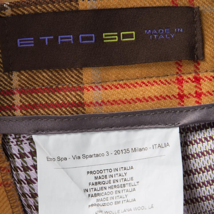 مملوكة مسبقًا Etro Tan Brown Plaid Checked Wool Cuba Slim Fit Trousers M