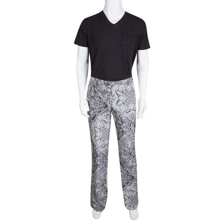 Pre Owned Etro Monochrome Mexico Printed Silk Trousers L
