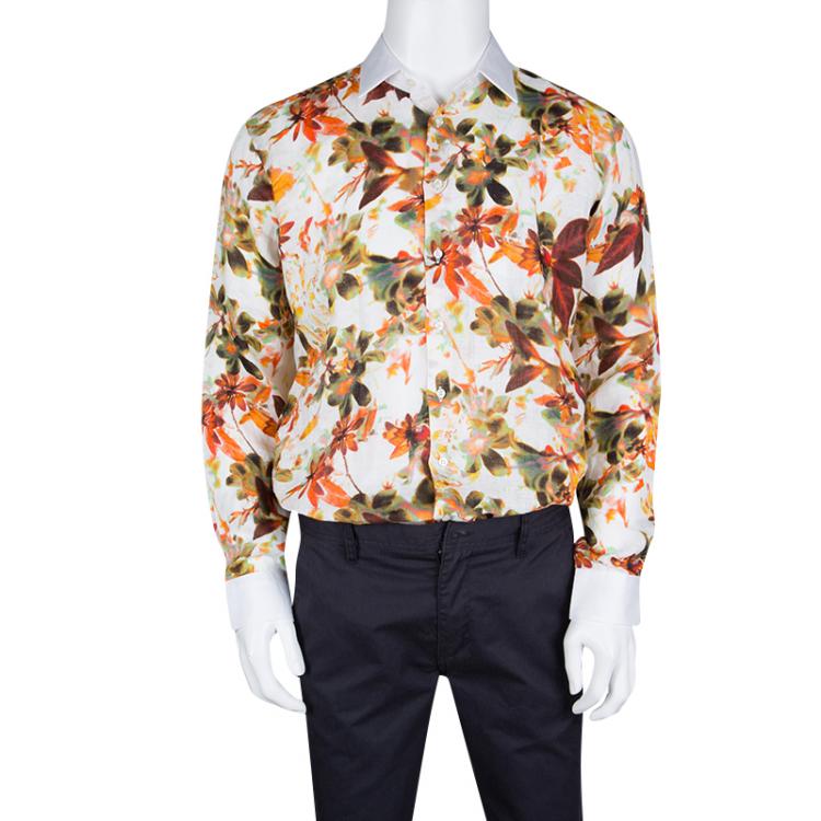 Pre Owned Etro Multicolor Floral Printed Linen Contrast Collar and Cuff Detail Merlino Shirt XL
