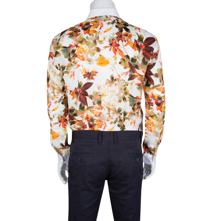 Pre Owned Etro Multicolor Floral Printed Linen Contrast Collar and Cuff Detail Merlino Shirt XL