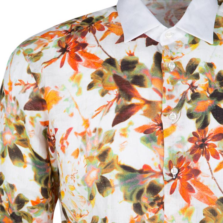 Pre Owned Etro Multicolor Floral Printed Linen Contrast Collar and Cuff Detail Merlino Shirt XL