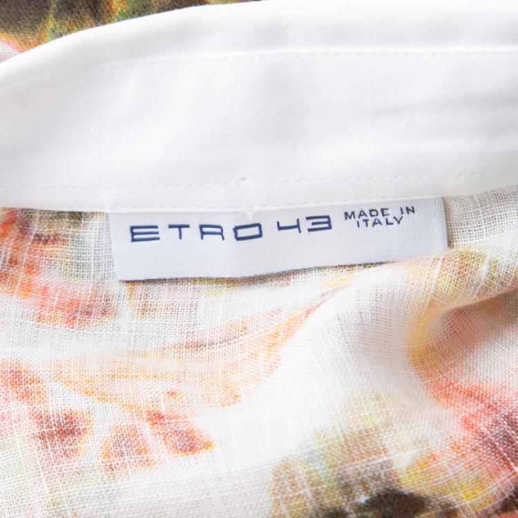 Pre Owned Etro Multicolor Floral Printed Linen Contrast Collar and Cuff Detail Merlino Shirt XL