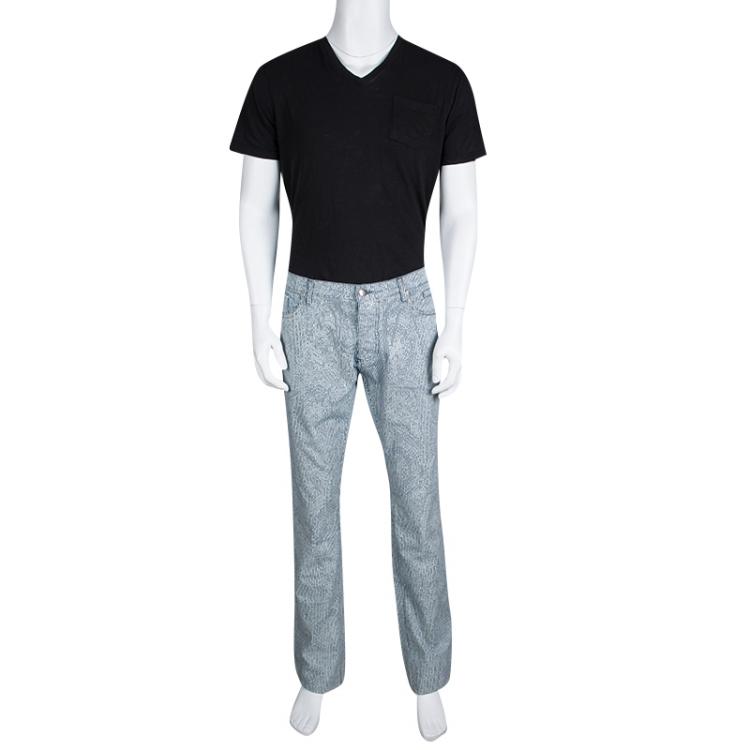 Pre Owned Etro Indigo and White Striped and Printed Denim Straight Fit Jeans XXL