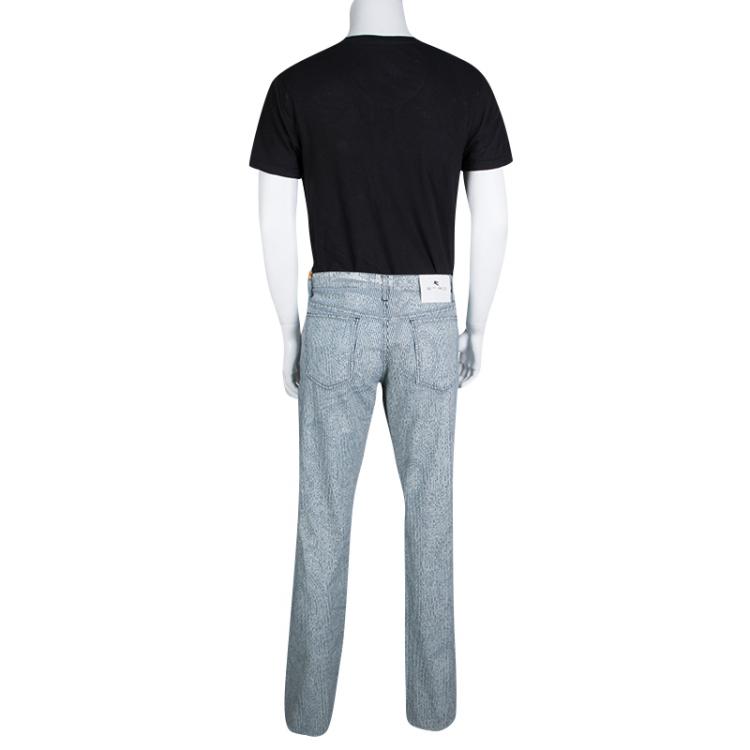 Pre Owned Etro Indigo and White Striped and Printed Denim Straight Fit Jeans XXL