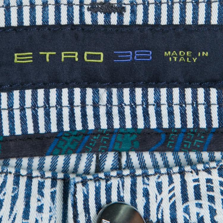 Pre Owned Etro Indigo and White Striped and Printed Denim Straight Fit Jeans XXL