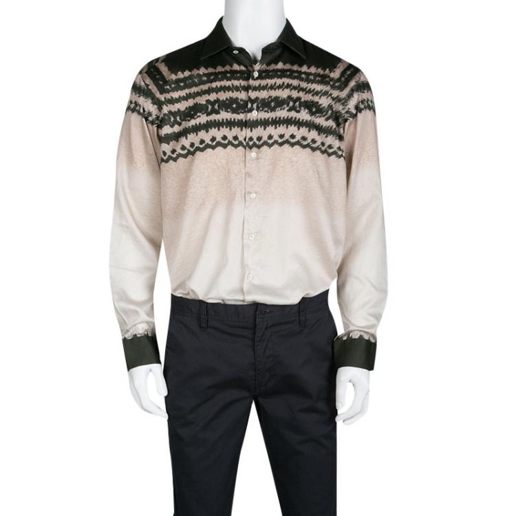 Pre Owned Etro Bottle Green and Beige Tie Dye Print Long Sleeve Button Front Cotton Shirt L