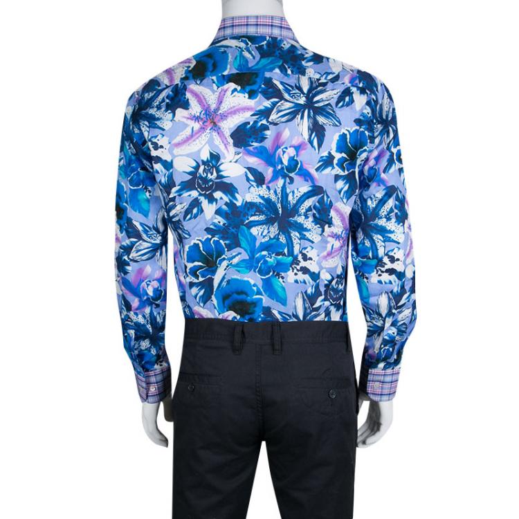 Pre Owned Etro Multicolor Floral Printed Cotton Checked Collar and Cuff Detail Shirt L