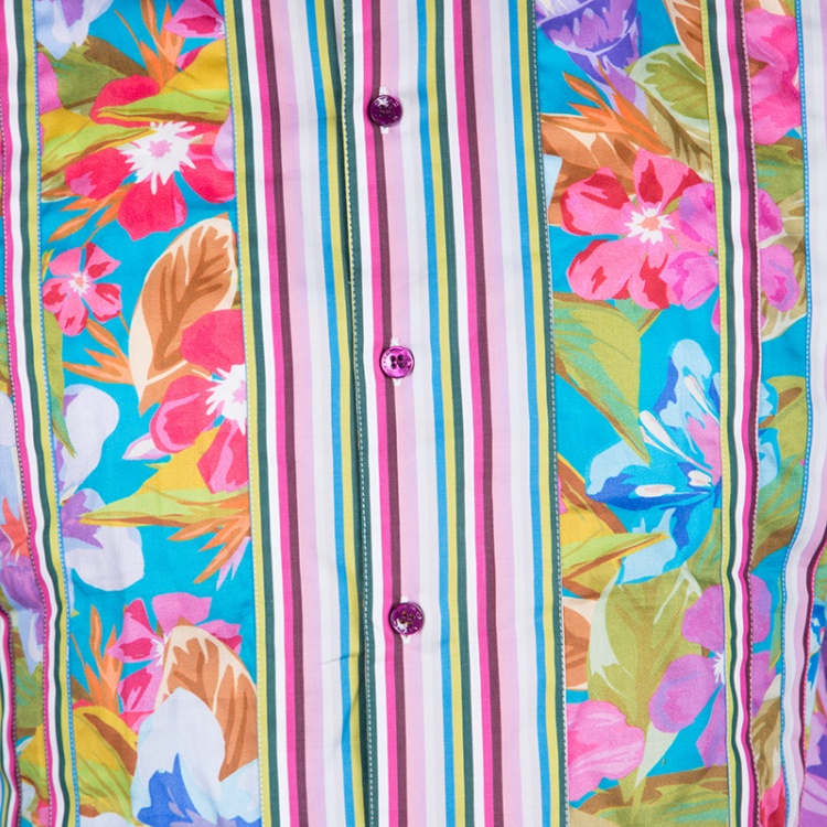 Pre Owned Etro Floral Printed Striped Detail Cotton Long Sleeve Button Front Roxy Shirt L
