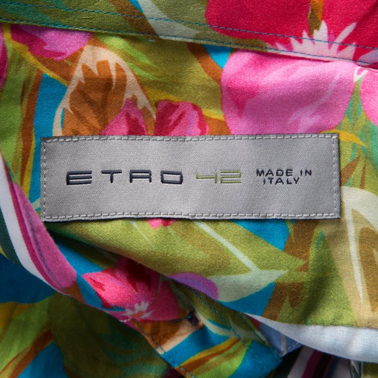 Pre Owned Etro Floral Printed Striped Detail Cotton Long Sleeve Button Front Roxy Shirt L