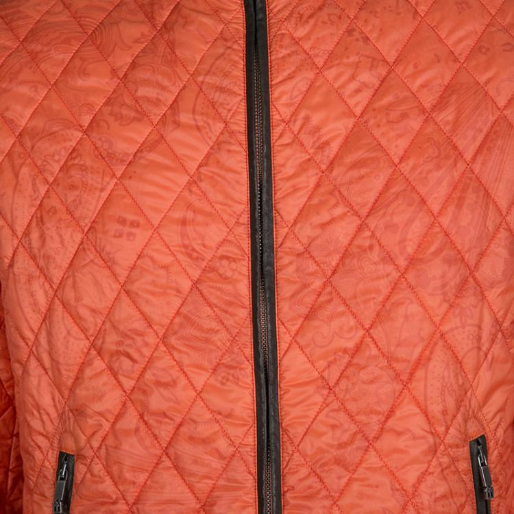 Pre Owned Etro Orange Paisley Print Diamond Quilted Leather Trim Zip Front Nylon Jacket L 
