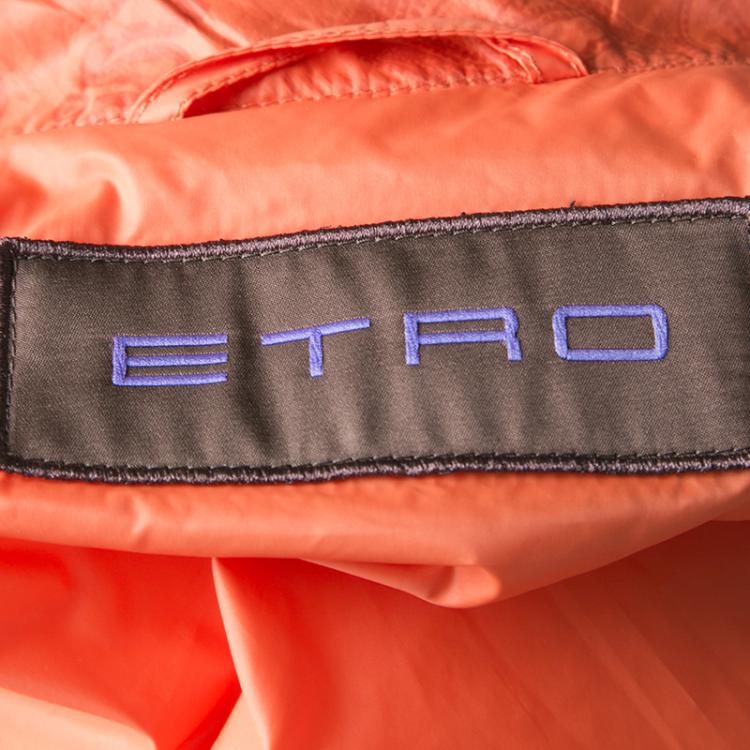 Pre Owned Etro Orange Paisley Print Diamond Quilted Leather Trim Zip Front Nylon Jacket L 