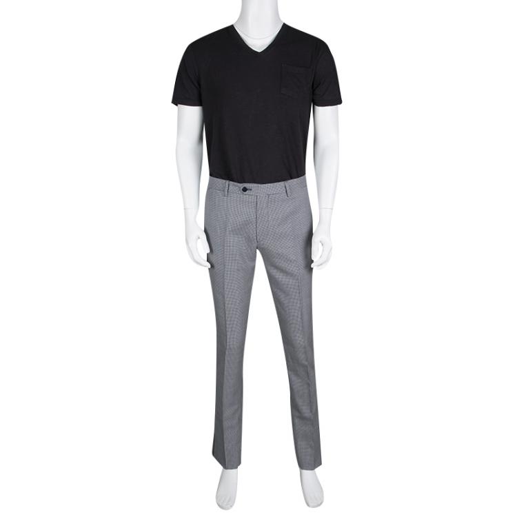 Pre Owned Etro Navy Blue and White Mini Houndstooth Pattern Panama Slim Wool Trousers M